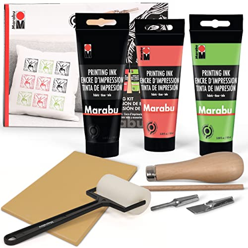 Marabu Kit de impresión en bloque – Linocut con 3 x 100 ml de tinta, cortador, bloque de goma y rodillo Brayer Kit de impresión de linóleo, juego de iniciación de 6 piezas, multicolor