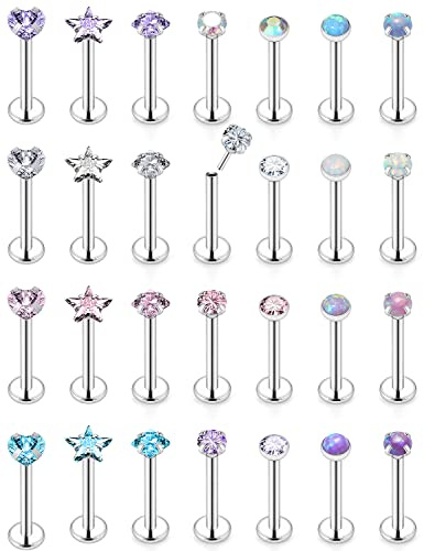 Vsnnsns 16G Threadless Lip Rings for Womem Stainless Surgical Steel Flat Back Labret Medusa Piercing Jewelry Snake Bite Monroe Lip Rings Ashley Piercing Jewelry for Women Men 16 Gauge Silver