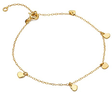 MIORE Bracelet Femme Or Jaune 9 Carats (375), Charms Cœurs, Chaine Maille Forçat 18 cm, Fermoir Anneau à Ressort, Bracelet à Breloques Hypoallergénique, Fabriqué en Italie, Avec Coffret Bijoux