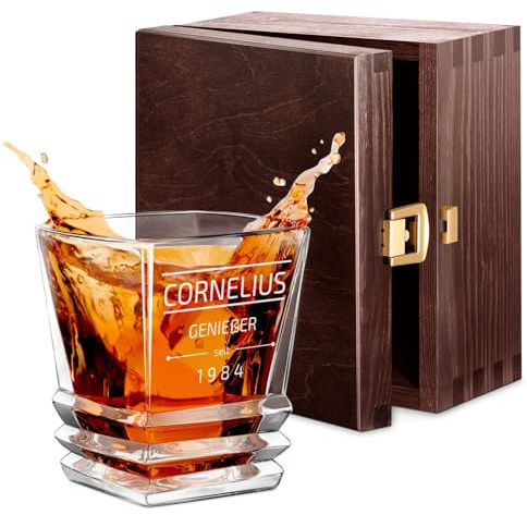 Maverton Whisky Glas mit Gravur 280 ml - Whiskyglas mit effektvollem Design - Weihnachtsgeschenke - edles Kristallglas für Mann & Whiskygenießer - Bourbon Glas zum Geburtstag - zu Weihnachten - voll