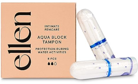 ellen® Aqua Block Tampon – Tampons zum Baden & Schwimmen mit wasserdichter Barriere – Schützt den Unterleib vor Wasser – Für die Anwendung während der Periode – Normal – 8 Stück