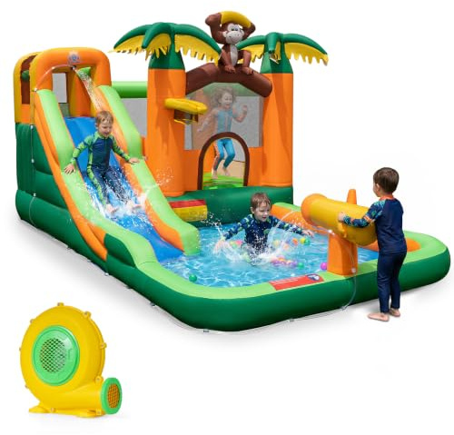 COSTWAY Hüpfburg mit Wasserrutsche, tropischer 7-in-1-Wasserpark mit Langer Rutsche, Planschbecken, Basketballkorb & Wasserpistole, inkl. Gebläse, 460 x 285 x 230 cm