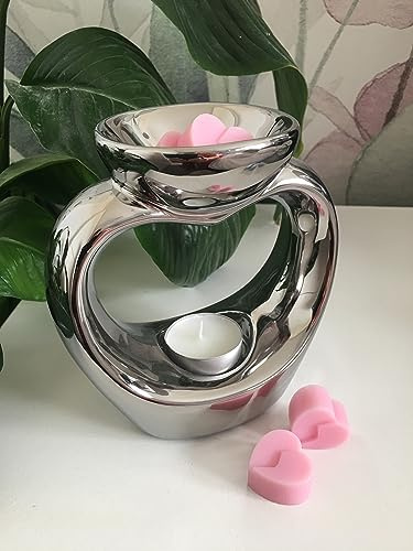 Desire Aroma Wax Melter/Oil Warmer, Silver Heart Shaped Design with attached dish on top for your Wax Melts/Oil