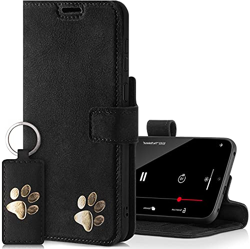 SURAZO Handyhülle für Apple iPhone 15 Pro Max Hülle Leder – Echtleder Schutzhülle mit Pfote Motiv – RFID Klapphülle [ Magnet, Standfunktion, Kartenfach ] Flip Cover Case Lederhülle (Nubuk Schwarz)