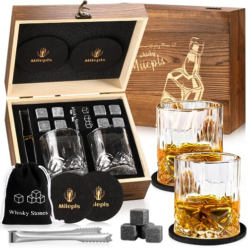 Juego de Vasos de Whisky, 8 Piedras de Whisky y 2 Vasos de Whisky Trenzados y 2 Posavasos, Regalos para Hombres