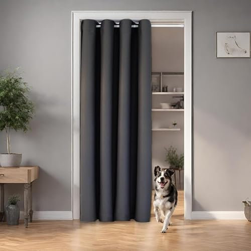 tinycurtains, Thermo Türvorhang mit Teleskopstange, einfache Montage in nur 1 Minute ohne Bohren (Türgardine anthrazit H200 x B150 cm + Stange weiß B70-120 cm)