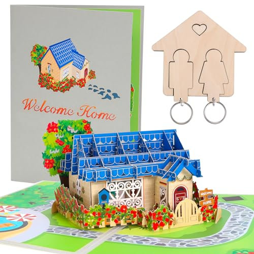 DPKOW Einzugsgeschenke Haus - Glückwunschkarte zum Hausbau + Holz Schlüsselanhänger, Haus für Sie & Ihn Schlüsselanhänger Grußkarten Pop-Up Karte Haus mit Garten, Valentinstag Hochzeitsgeschenk