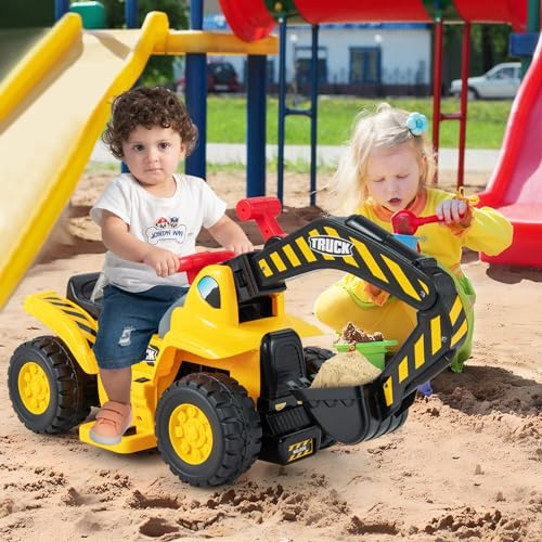 COSTWAY Excavadora Electrica para Niños, Coche de Construcción Multifuncional con Almacenamiento, Bocina y Efectos de Sonido, Aro de Baloncesto Plegable y 3 Pelotas, para Niños de 2+ Años