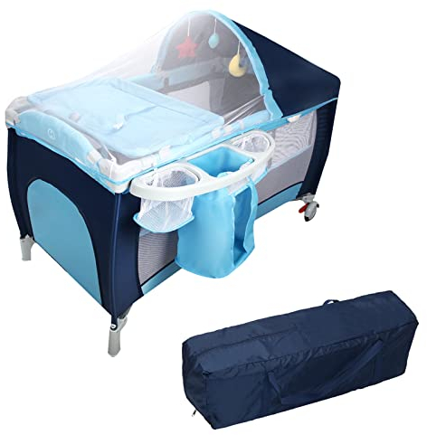 DREAMADE Babybett 120 x 60 cm, 4 in 1 Reisebett, Babywiege, Wickeltisch & Laufgitter, Reisebett mit Matratze & Moskitonetz & Rollen (Blau, mit Spieldose)