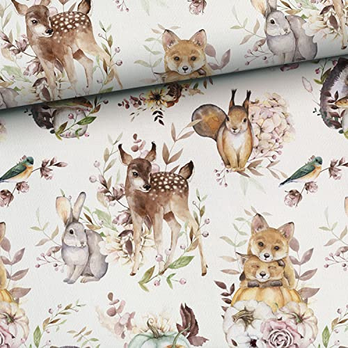 je 50cm Tiere Baumwollstoff in Meterware - Kinderstoff mit lustige Waldtiere - Stoffe zum Nähen für Kinder & Baby - Mädchen Premium Baumwollstoffe - Reh Fuchs Igel Hase Kürbis Herbst Stoff