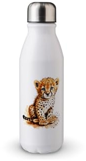 MAXIKIWI Einwandige Wasserflasche mit Schraubverschluss, nicht isoliert, leichtes Aluminium, BPA-frei, auslaufsicher, Baby-Geparden-Aquarell, 500 ml
