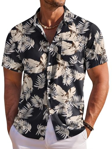 COOFANDY Men's Hawaiian Shirts Short Sleeve Summer Shirts for Men Tropical Holiday Beach Shirt with Front Pocket Black Leaf S