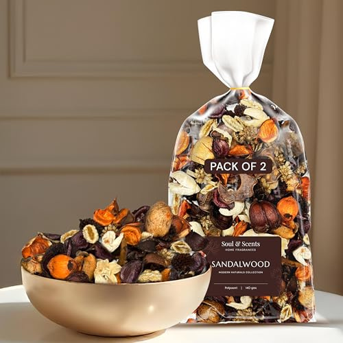 Soul & Scents Sandalwood Potpourri | Dried Flowers | Fine-Living | Natural Decoration | Mood Enhancer | Perfect for Home Decor, Gifts, and Aromatherapy | Made in India | Pack of 2-140gm Each