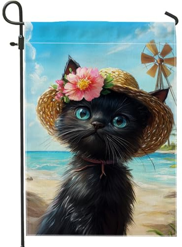 Niedliche Sommer-Gartenflagge mit Katzenmotiv, Blumen-Strohhut, Strandthemen-Dekoration, Rasen-Dekoration im Freien, lustiges Geschenk für Tierliebhaber