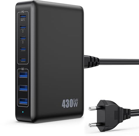 430W Caricatore USB Multiplo,8 Port GaN Ⅳ 100W PD Caricabatterie Multipla PPS QC Alimentatore USB C Stazione di Ricarica Multipresa per MacBook Air/Pro Laptop iPhone iPad Samsung SteamDeck-Nero