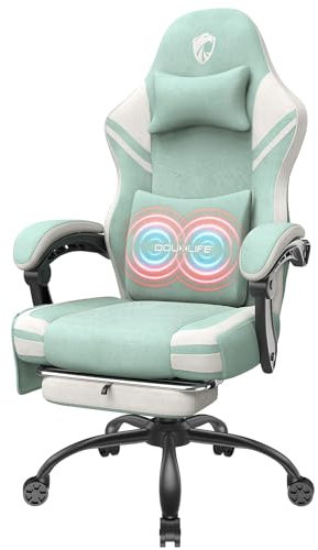 Douxlife Gaming Stuhl Stoff mit Massage, Verbreitertes Sitzkissen mit Taschenfedern, Ergonomischer Bürostuhl PC Gamer Sessel Chair mit Fußstütze und Metallfüße, 158 kg Belastbarkeit, Hellgrün