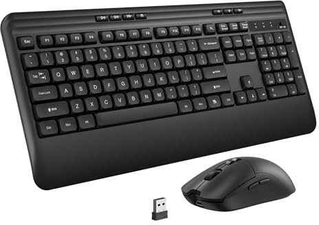KOPJIPPOM Wireless Keyboard and Mouse Set with Quiet Keys, 2.4G Full Size Ergonomic Keyboard with Wrist Rest, Protective Covers, Soft Touch Silent Design for Windows, Computer, PC and Laptop