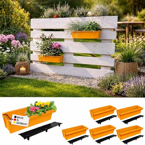 Paletten Blumenkasten Einsatz 37,3 cm 6er Set Dunkelgelb Hängesystem Balkon | BURI, Bewässerungsmatte, Europalette, Kunststoff, Made in Germany, wetterfest, Balkon, Hochbeet, stabil, langlebig