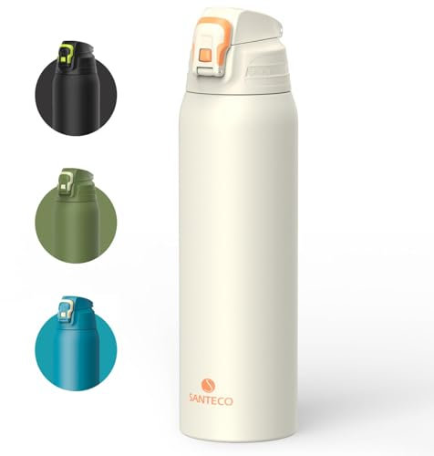SANTECO Trinkflasche mit Leckage-Sicherheitssperre, Thermosflasche Edelstahl 1,5l BPA-Frei, Isolierflasche mit Tragebeutel, Wasserflasche Spülmaschinenfest für Reisen Camping Grau