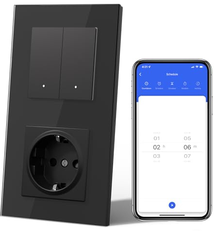 MVAVA Alexa Lichtschalter mit Steckdose, Wlan Smart Lichtschalter Unterputz Glas Kompatibel mit Alexa/Google Home, Neutrale Leitung Benötigt