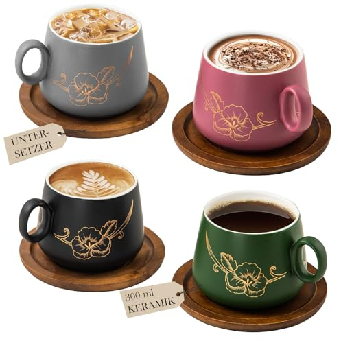 Yundu Lot de 4 tasses à cappuccino en céramique mate - 300 ml - Avec dessous de verre en bois et motif fleurs dorées - Avec soucoupes pour latte art, expresso, thé