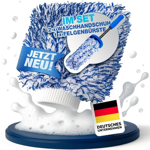NTG Autowaschhandschuh Mikrofaser 25×18 cm – Ultraweich & extrem saugstark – 2-Seiten Auto-Reinigungshandschuh für Lack, Glas & Felgen mit sicherem Sitz entfernt Insekten (Im Set mit Felgenbürste)