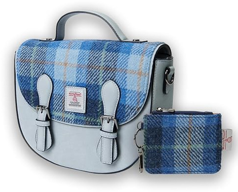 Harris Tweed Mini Cobble Satchel Card Zip Wallet Set Women Gift Idea, Blue Tartan, 8.66 L x 3.14 W x 7.48 H