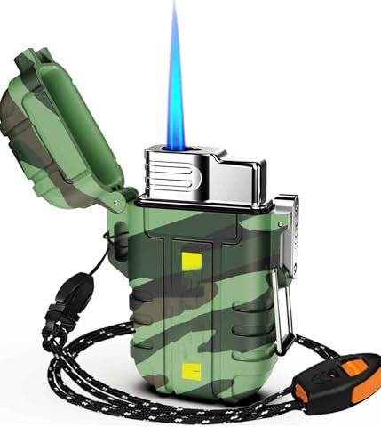 mnopx Encendedor de butano: Resistente al Viento, Impermeable, Recargable con Cerradura, Duradero, portátil con cordón for Acampar al Aire Libre y Hacer barbacoas.(Camouflage1)