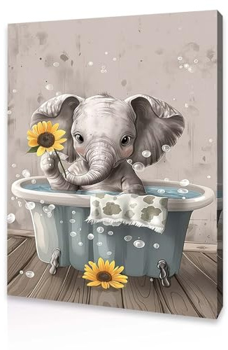 Qiukoo Bathroom Wall Art Waterproof Pictures with Frame and Hanging Hooks Cute Elephant Sunflower Bathtub Decor Toilet Wall Art 12 x 16 Inches Ideal for Bathroom Use
