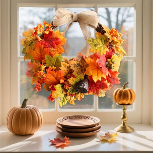 Türkranz Herbst Dekoration,30CM Künstlicher Herbstkranz Haustür mit Ahornblatt Herbst Deko Outdoor Herbst Kranz Haustür Türdeko Herbst WandKranz Türkranz Herbst Außen für Fenster Hochzeit Party (A)