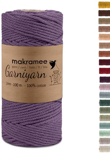 GARNIYARN Hilo de macramé premium de 3 mm, cuerda de algodón suave para macramé, proyectos de manualidades, tapices de pared, colgantes de plantas y accesorios para el hogar, tejido de punto, 100