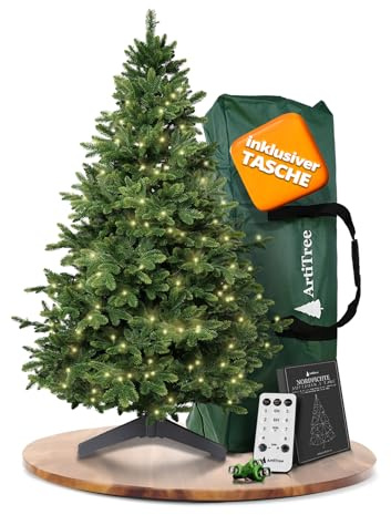 ArtiTree Künstlicher Weihnachtsbaum 180 cm – 100 % Spritzguss Nordmanntanne mit LED | Premium Tannenbaum naturgetreu inkl. FSC-Holzständer & Aufbewahrungstasche