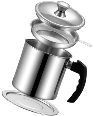 BAZEITFLOW Filtro de Aceite Acero Inoxidable con Colador y Mango Ergonómico Olla para Grasa de Tocino con Capacidad Recipiente Seguro para Cocina y Almacenamiento de Aceite Usado