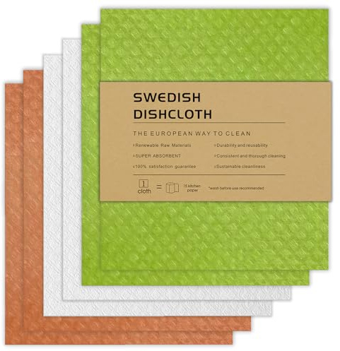 Auzoqric Swedish Dishcloths 6 Pack Reusable Biodegradable Sponge Cloths, Super Absorbent Kitchen Cloths Eco Friendly Paper Towel Alternative (2 Green, 2 Orange, 2 White)