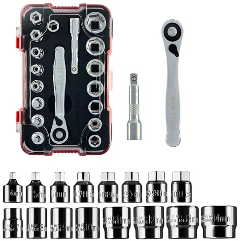 SCE TECH Set di Chiave a Cricchetto, con Design Bussola a Doppio Uso, Metrica e Brugola a 21 Misure, 18 pezzi, adatto per Bicicletta, Moto, Progetti Fai Da Te
