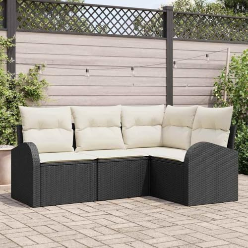 Owoxanthellate Gartenset 4-teilig Schwarz Weiß Poly-Rattan Sofa Lounge wetterfest 62x62x85 cm Eckbank mit Kissen Modernes Design Robust & Langlebig für Garten Balkon Terrasse