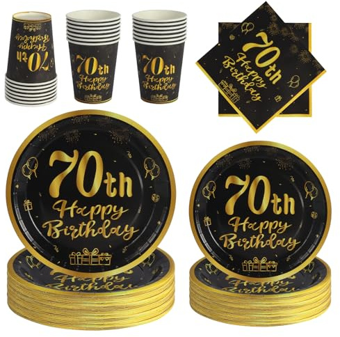 PYAILI 96 Pezzi Set Stoviglie Compleanno 70 Anni, Servizio 24 Persone, Piatti, Bicchieri, Tovaglioli e Biglietti di Auguri
