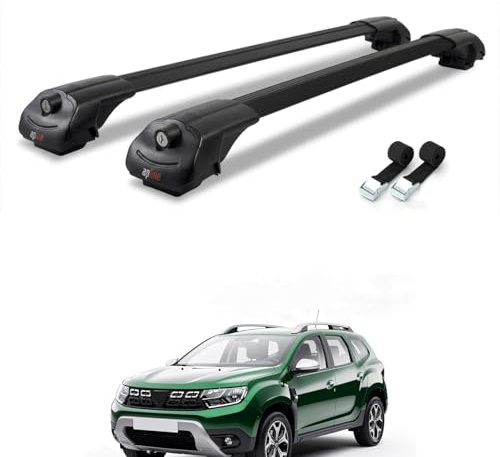 AUTOAXORY Roof Rack Cross Bars Compatible with Dacia Duster 2 (HM) 2018-2024, Black, 2 Bars with Two Tie Down Straps