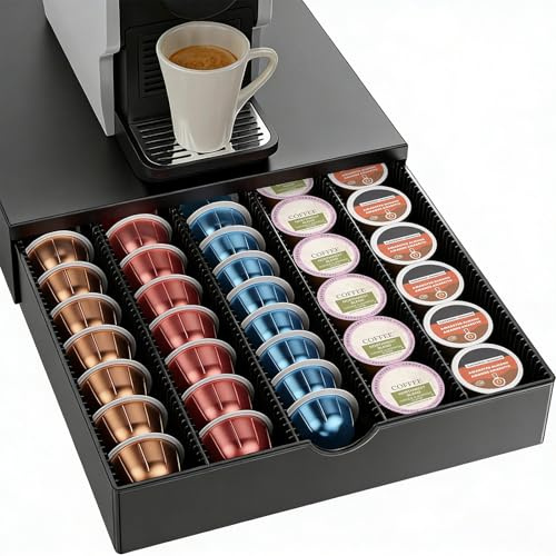 Coffee Pod Holder Drawer Compatible with Nespresso Vertuo Pod Holder, Coffee Pod Vertuoline Capsules Storage Up to 60 Small or 40 Large Coffee Machine Stand