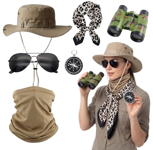 Lot de 6 accessoires de costume d'explorateur de safari pour adulte avec écharpe imprimé léopard, chapeau de safari, jumelles, lunettes de soleil, protection solaire, cache-cou, boussole pour