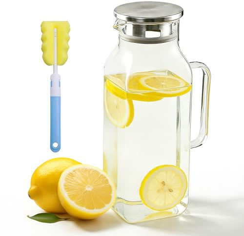 Glaskaraffe mit Deckel, 2000ml Wasserkaraffe, Wasserkrug Glas, Hitzebeständige Wasserkaraffe Aus Borosilikatglas, Quadratischer Wasserkrug für Kühlschranktür für Tee, Eistee, Saft Und Heißgetränke