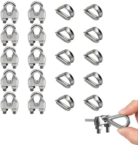 20 Piezas Abrazadera Cable Acero Inoxidable M4 con Guardacabos Perrillos Cable Acero y Tensores Cuerda Tendedero, Pernos en U + Dedales, para Cable de Acero 4mm, Resistente al Óxido, Fácil de Instalar