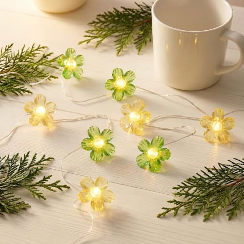 HHMTAKA LED pärlblomma slinga ljusslingor 20 mikro varm vit 2 m blomgirlang lampa för inomhus utomhusbelysning, sovrum, bröllop, fest, jul, vårdekoration (gul + grön)