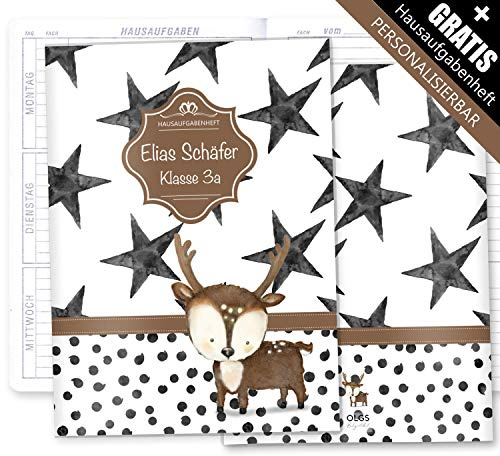 OLGS Hausaufgabenheft Hülle Creative Royal inkl. Heft Schulheft Schutzhülle Umschlag Geschenkidee Einschulung personalisierbar mit Namen und die Schulklasse (personalisiert, Hirsch)