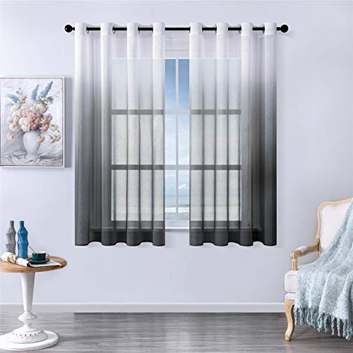 MRTREES Voile Gardinen Farbverlauf Transparent Vorhang Kurz Tüllvorhang mit Ösen in Schwarz Weiß Verlauf 160×140cm (H×B) Modern für Kinderzimmer Wohnzimmer Schlafzimmer 2er-Set