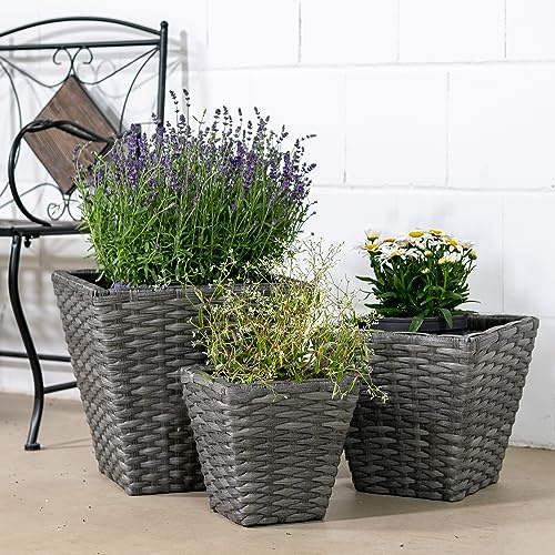 DARO DEKO Rattan Blumentopf eckig S, M und L - 3 Stück anthrazit