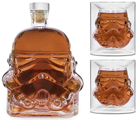 Bkuter bottle Bottiglia di whisky, caraffa, decanter, bicchieri da whisky, liquore, scotch, vodka e vino, 1 bottiglia Stormtrooper (750 ml) con 2 bicchieri (150 ml)
