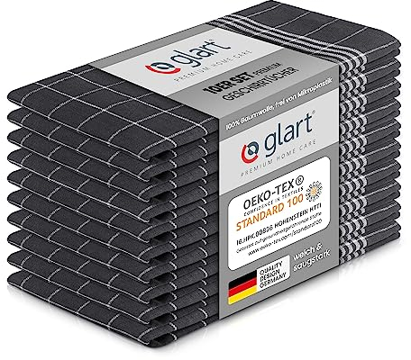 Glart 48GI2 10er Set Geschirrtücher Küchentücher, 50x70 cm, 100% Baumwolle Oeko-TEX Standard 100, grau, fusselfrei, vorgewaschen, Tücher für Küche und Abwasch