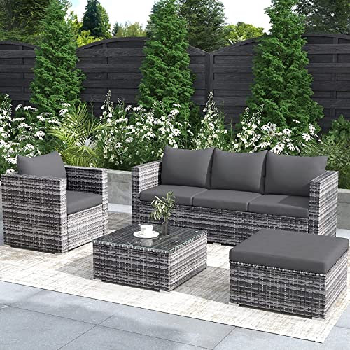 Kayan Garten Lounge Set Polyrattan Sitzgruppe für 5 Personen Gartenmöbel-Set mit Tisch, inkl. Sitzkissen für Garten Balkon & Terrasse, Grau