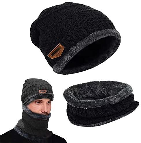 May Huang Bonnet Hat, Tricotés Hiver Bonnet Echarpe, Homme et Femme Chapeaux d'hiver Chauds, Bonnet Chapeau Écharpe Ensemble, Tour de Cou Doublure Polaire Tricoté nsemble Epais (le noir)